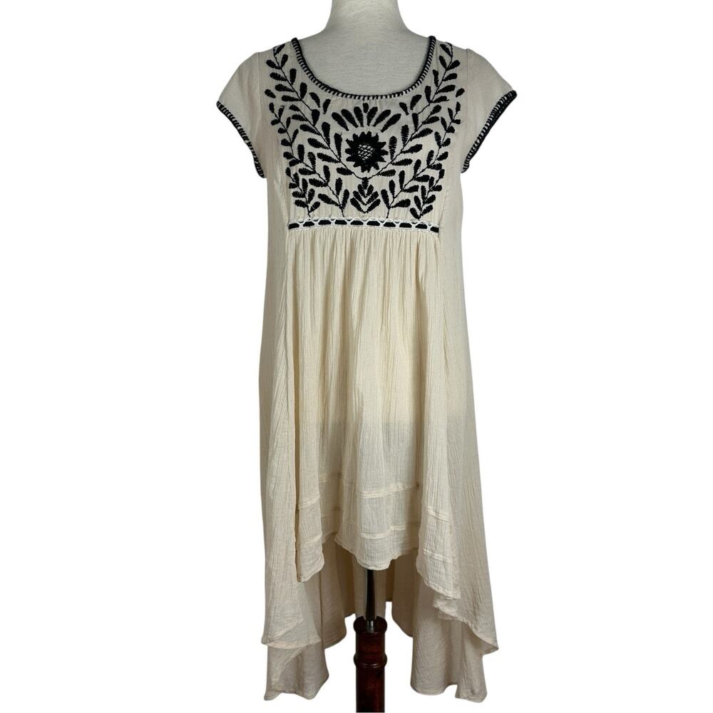 Free People Marina Dress XS Ivory Black Embroidered High Low Open Back Boho